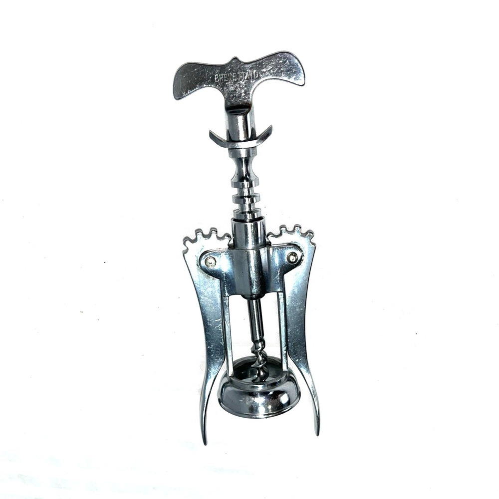Vintage Brevettato Italy Plated Brass Wing Corkscrew Wine Opener w/Curved Handle